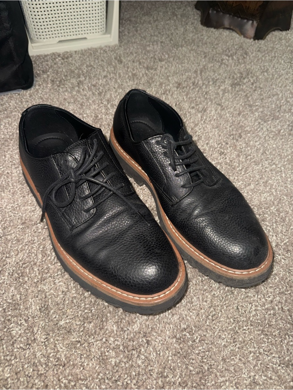 Zara Black Leather Derby Shoes with Tan Trim